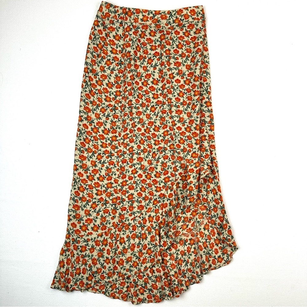Pull & Bear Floral Asymmetrical Ruffle Midi Maxi Flowy Skirt Summer